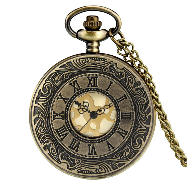 Reloj de bolsillo de cuarzo con tapa hueca de bronce retro