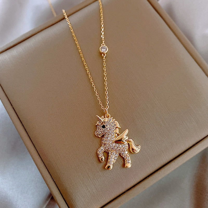 Korean Personality Simple Rhinestones Unicorn Pendant Necklace