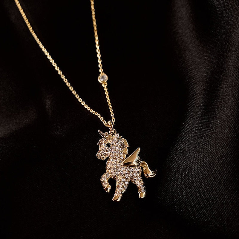 Korean Personality Simple Rhinestones Unicorn Pendant Necklace