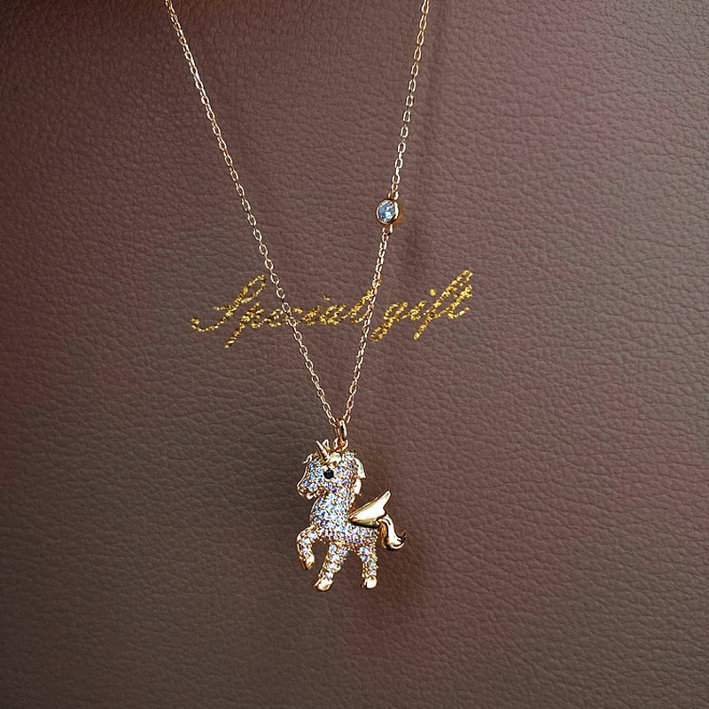 Korean Personality Simple Rhinestones Unicorn Pendant Necklace