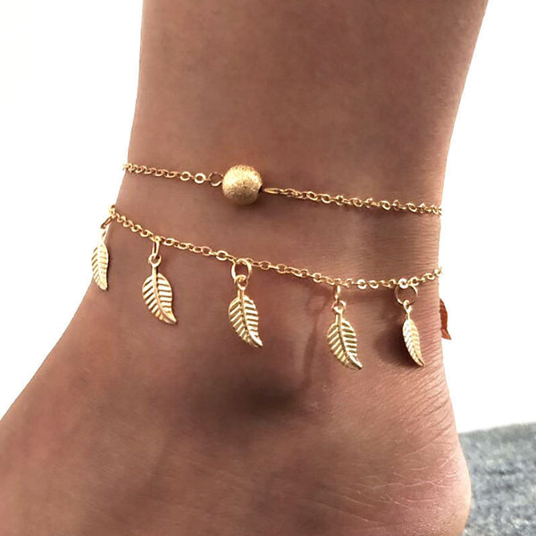 Tobillera con cadena y colgante de hoja de oro para sandalias descalzas de playa de Bohemia