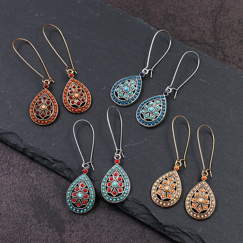 Women Alloy Crystal Ethnic Beads Boho Flower Earrings