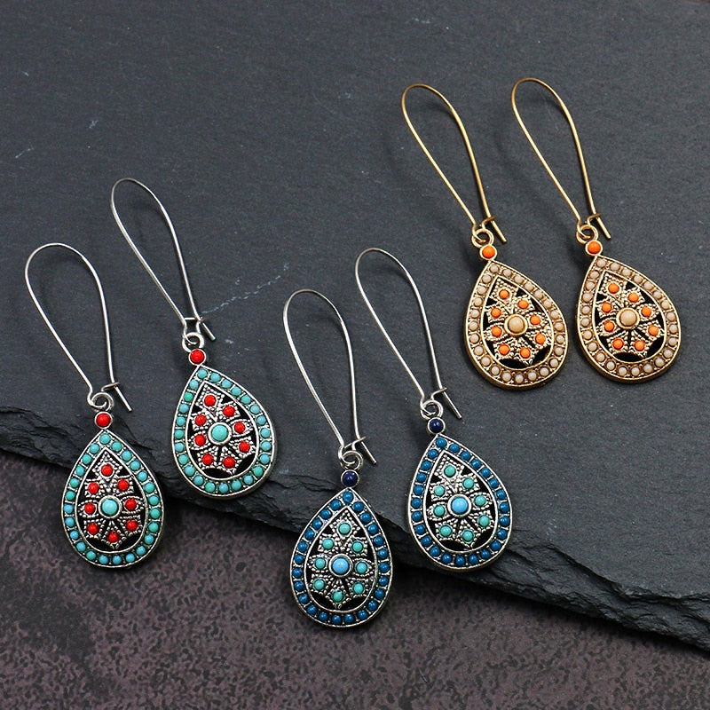 Women Alloy Crystal Ethnic Beads Boho Flower Earrings