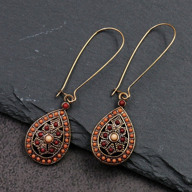 Women Alloy Crystal Ethnic Beads Boho Flower Earrings