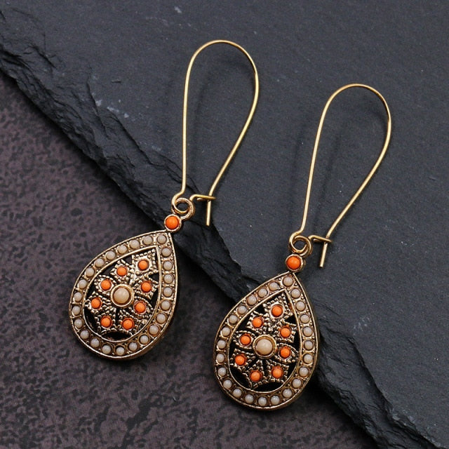 Women Alloy Crystal Ethnic Beads Boho Flower Earrings