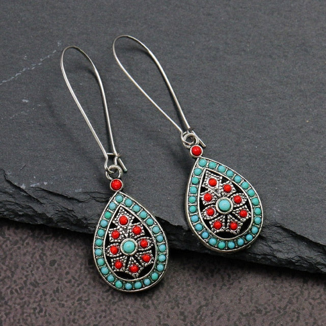 Women Alloy Crystal Ethnic Beads Boho Flower Earrings