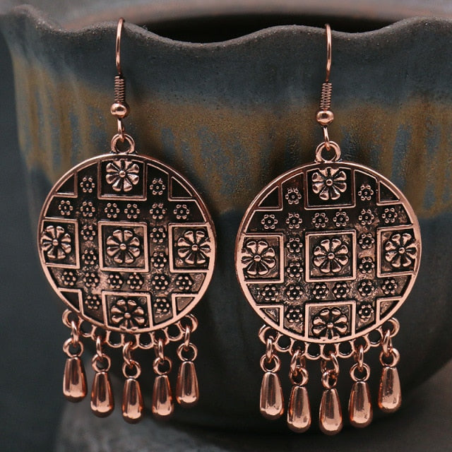 Women Alloy Crystal Ethnic Beads Boho Flower Earrings