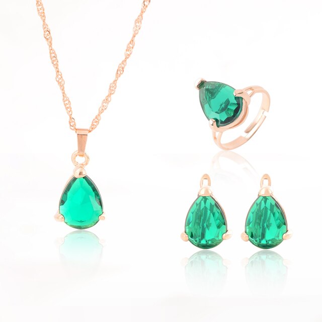 Luxury Water Drop Pendant Necklace Earrings Ring Crystal Jewelry Sets