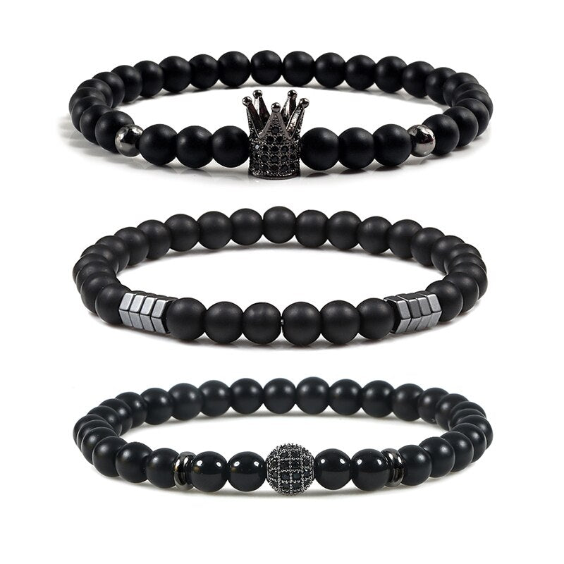 Crown Ball Hematite Cross Natural Stone Black Onyx Bracelets