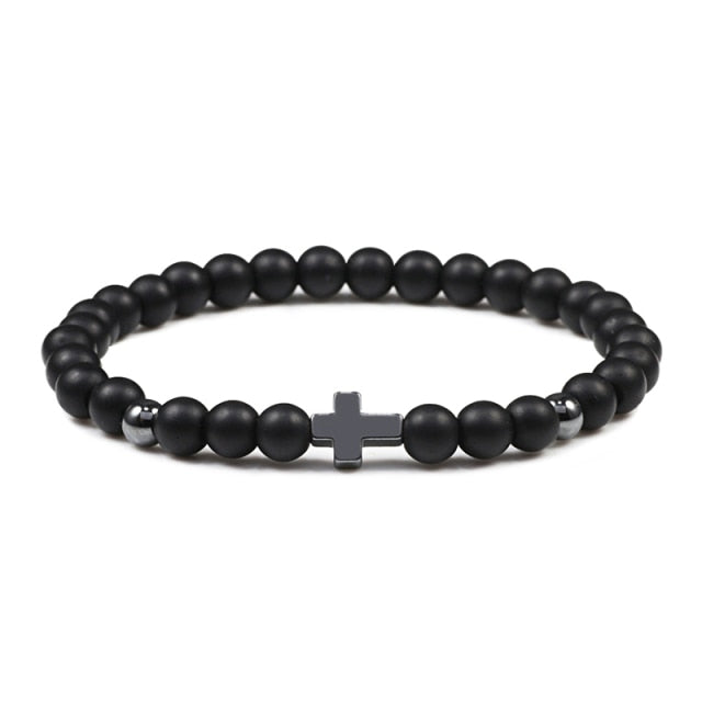 Crown Ball Hematite Cross Natural Stone Black Onyx Bracelets