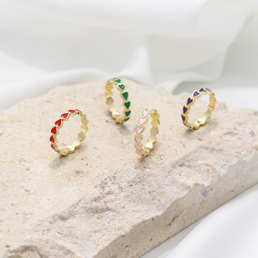 Adorable Colorful Enamel Heart Stacking Matching Gold Rings