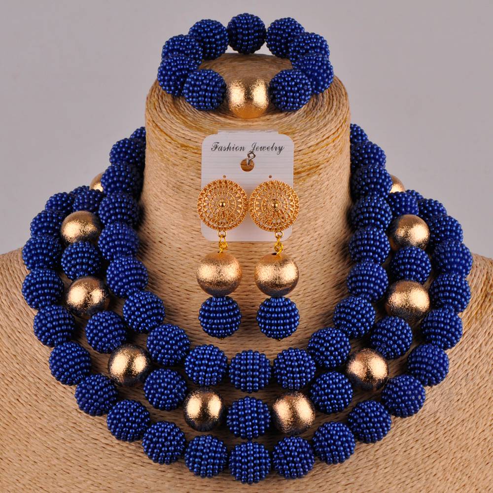 Royal Blue and White Simulated Pearl Nigerian Wedding Necklace