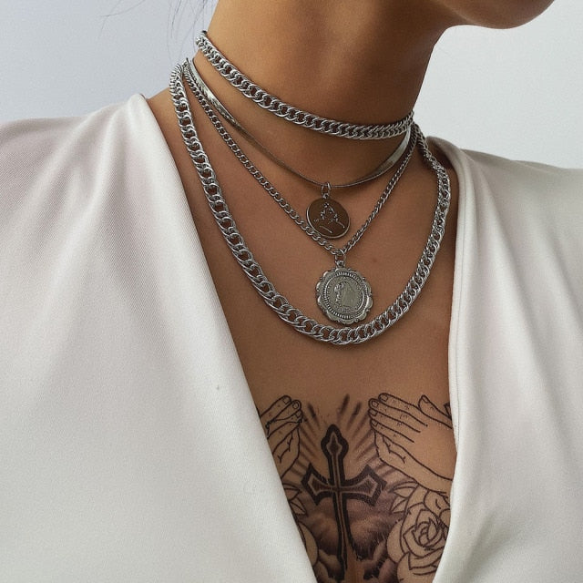 Chain Portrait Engraved Coin Butterfly Pendant