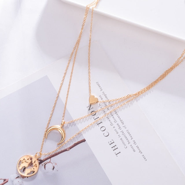 Women Multilayer Chain Crystal Moon Pendants