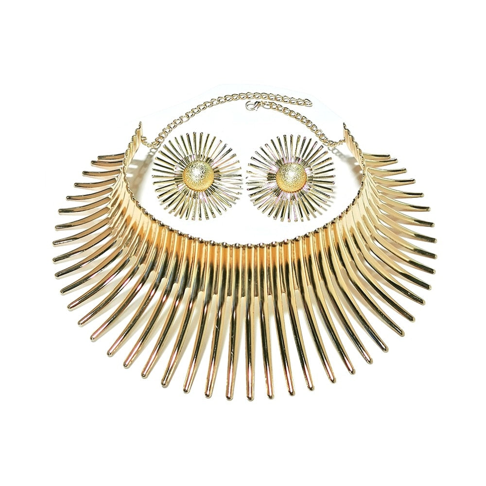 Gold Color Metal Big Exaggerated Torque Choker Necklace Earrings Set