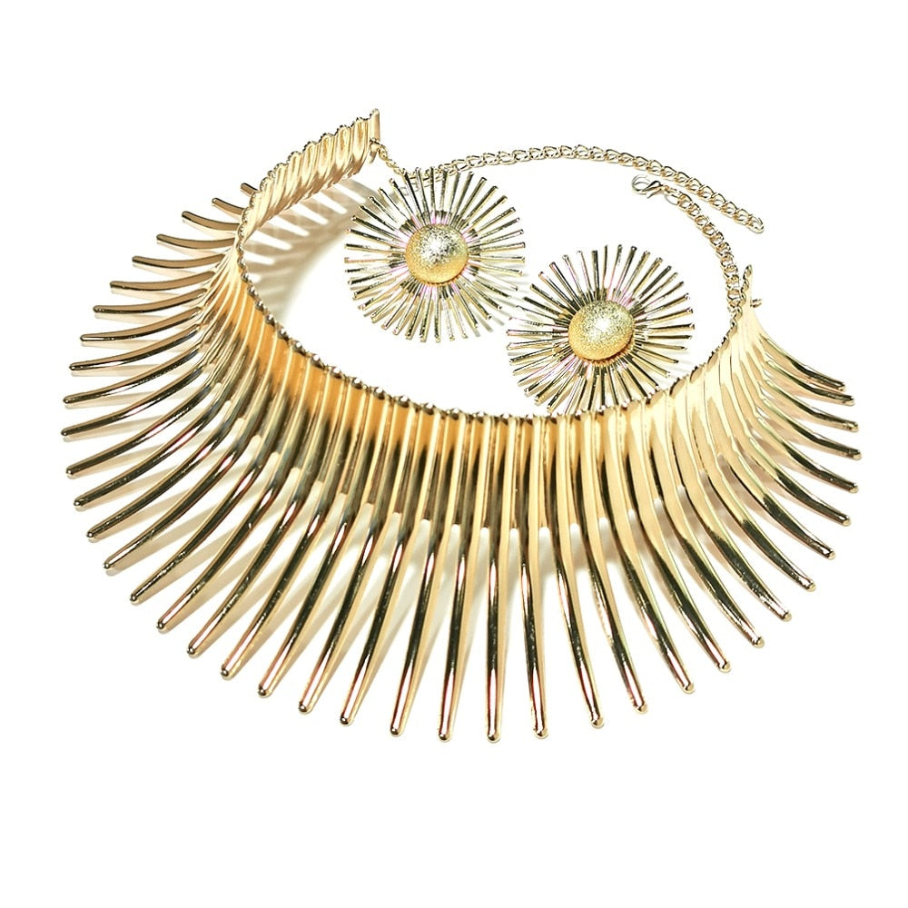 Gold Color Metal Big Exaggerated Torque Choker Necklace Earrings Set
