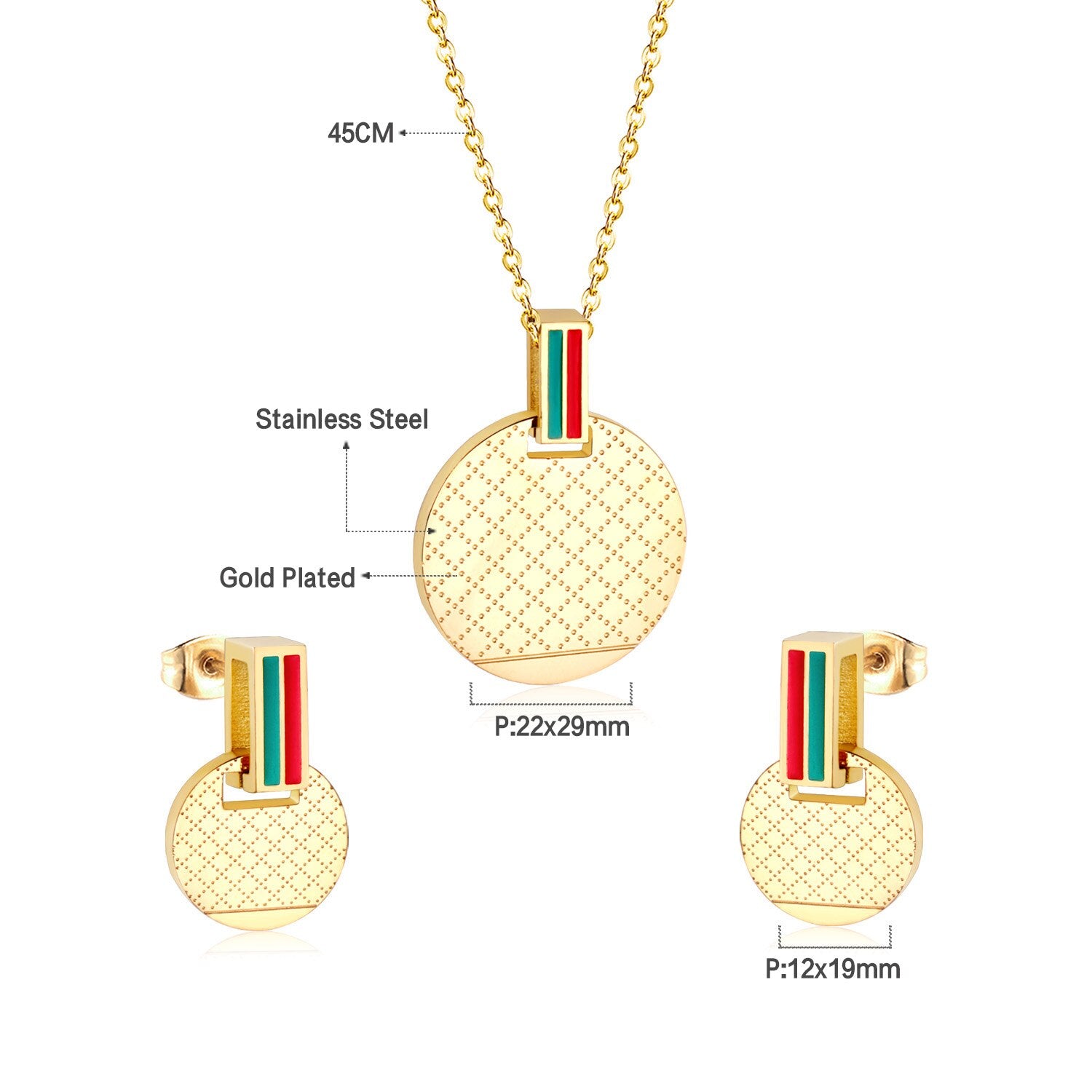 Gold Color Round Pendant Necklce Earrings Stainless Steel Sets