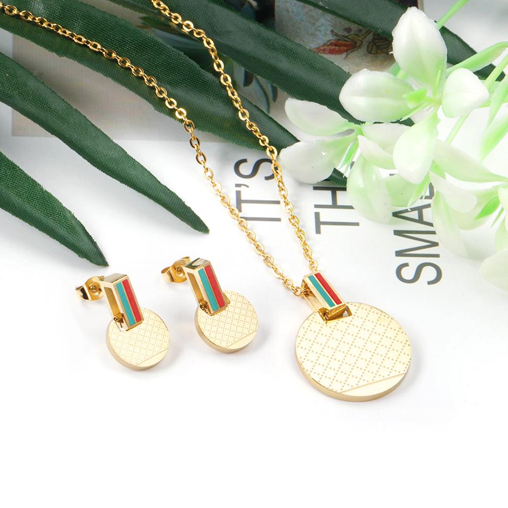 Gold Color Round Pendant Necklce Earrings Stainless Steel Sets