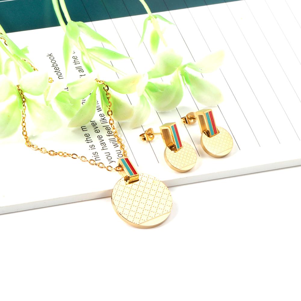 Gold Color Round Pendant Necklce Earrings Stainless Steel Sets