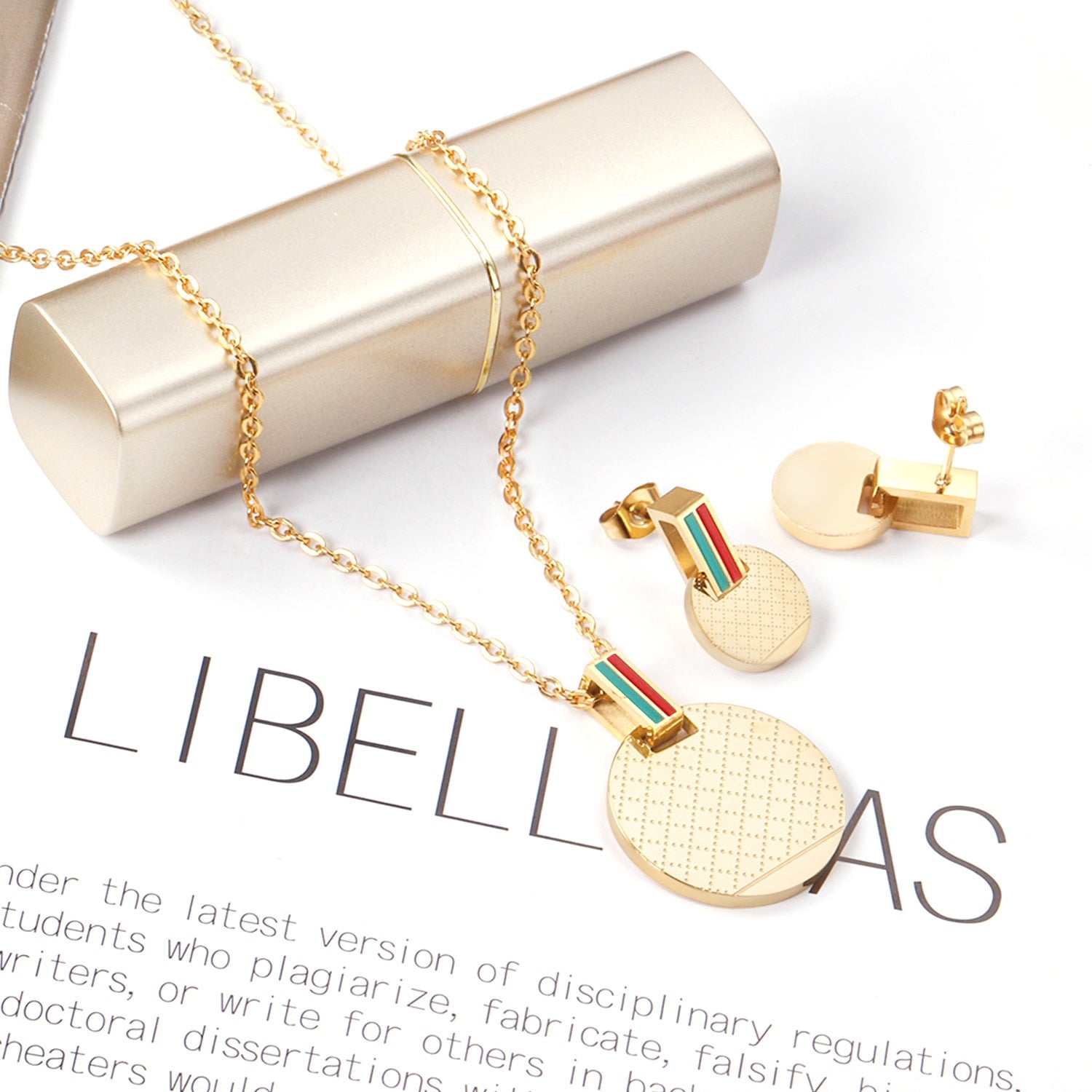 Gold Color Round Pendant Necklce Earrings Stainless Steel Sets