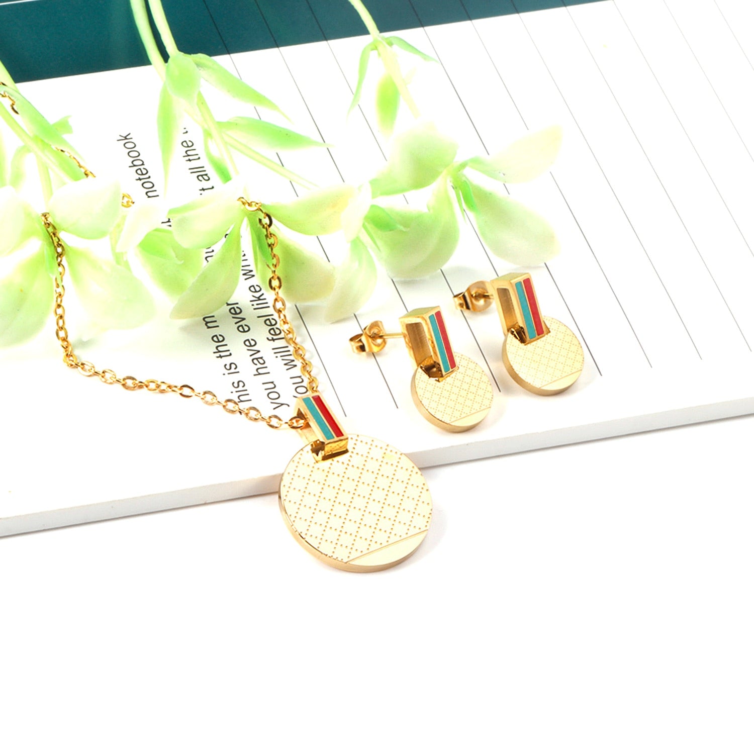 Gold Color Round Pendant Necklce Earrings Stainless Steel Sets