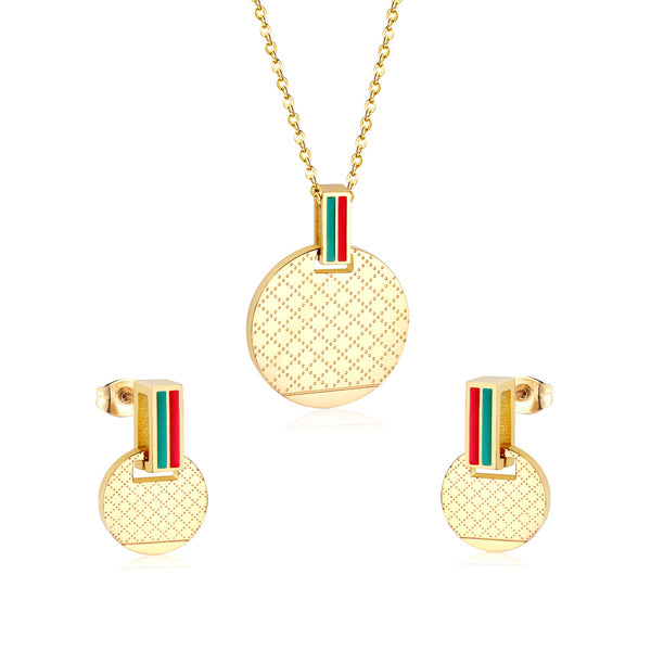 Gold Color Round Pendant Necklce Earrings Stainless Steel Sets