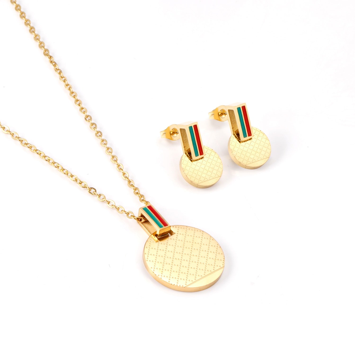 Gold Color Round Pendant Necklce Earrings Stainless Steel Sets