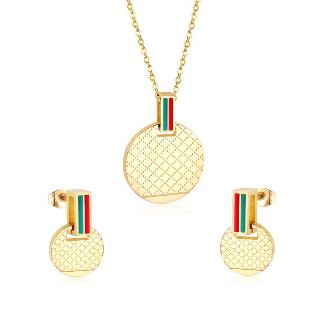 Gold Color Round Pendant Necklce Earrings Stainless Steel Sets