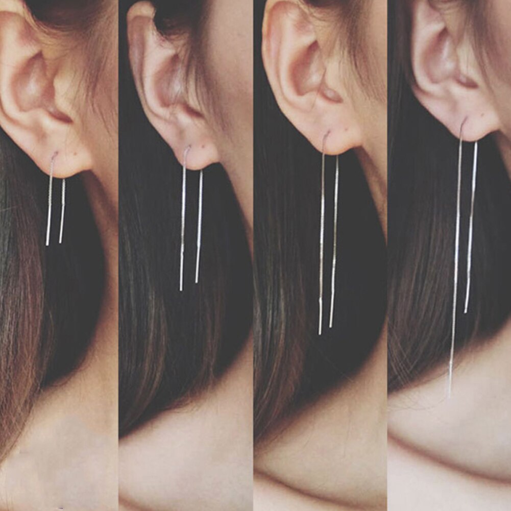 Vintage Silver Color Bar Long Thread Tassel Drop Earrings for Women