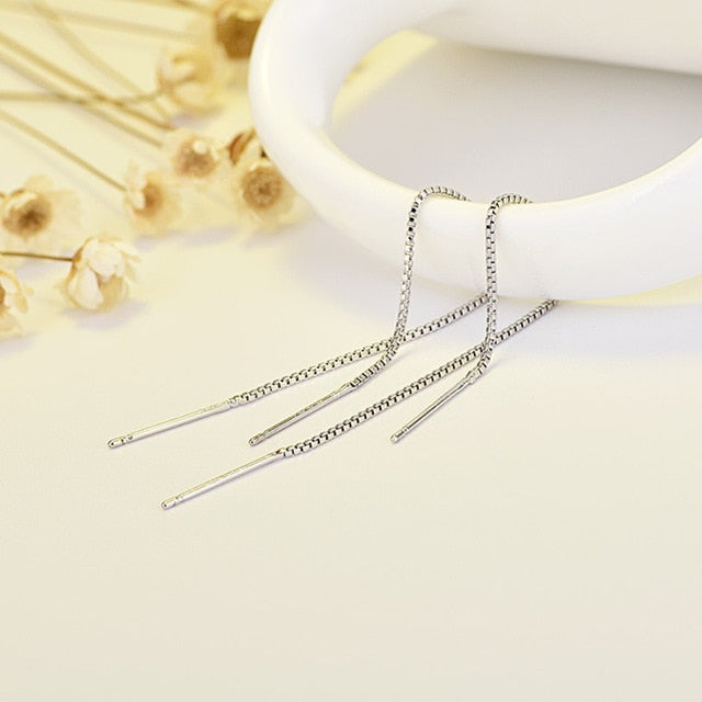 Vintage Silver Color Bar Long Thread Tassel Drop Earrings for Women