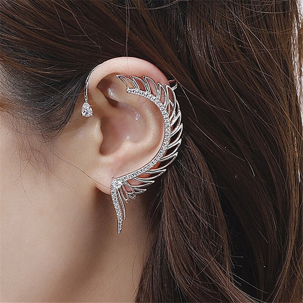 Pendientes de clip con alas de ángel y circonita cúbica de moda, color blanco, huecos.