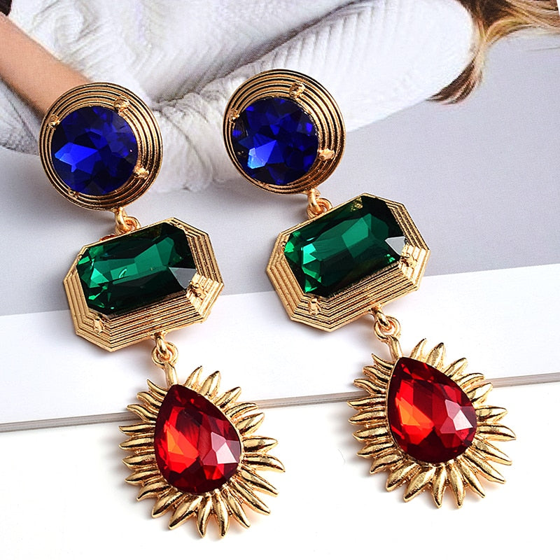 Statement New Gold Metal Colorful Crystal Long Drop Earrings