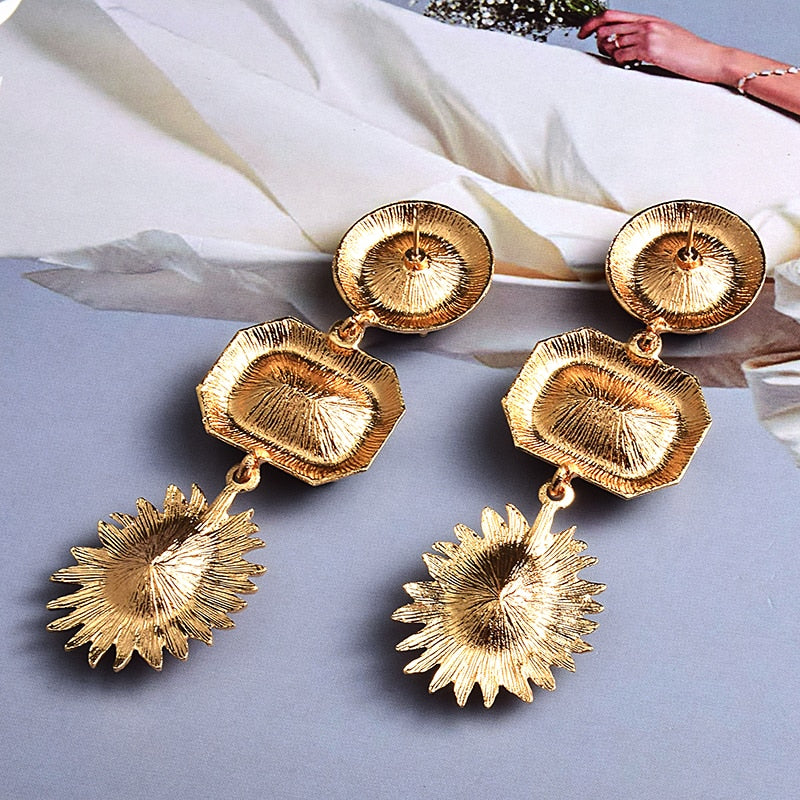 Statement New Gold Metal Colorful Crystal Long Drop Earrings