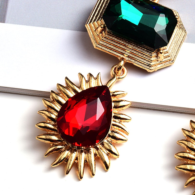 Statement New Gold Metal Colorful Crystal Long Drop Earrings
