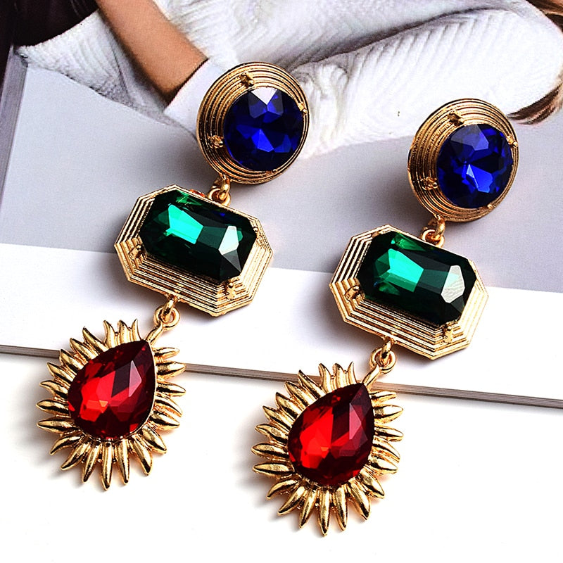 Statement New Gold Metal Colorful Crystal Long Drop Earrings