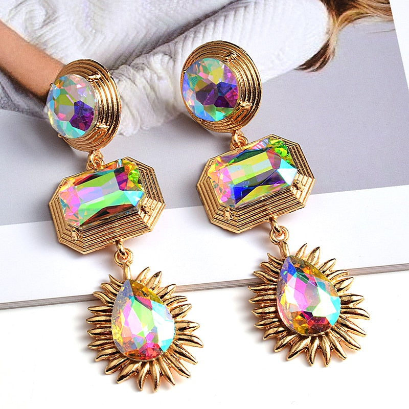 Statement New Gold Metal Colorful Crystal Long Drop Earrings