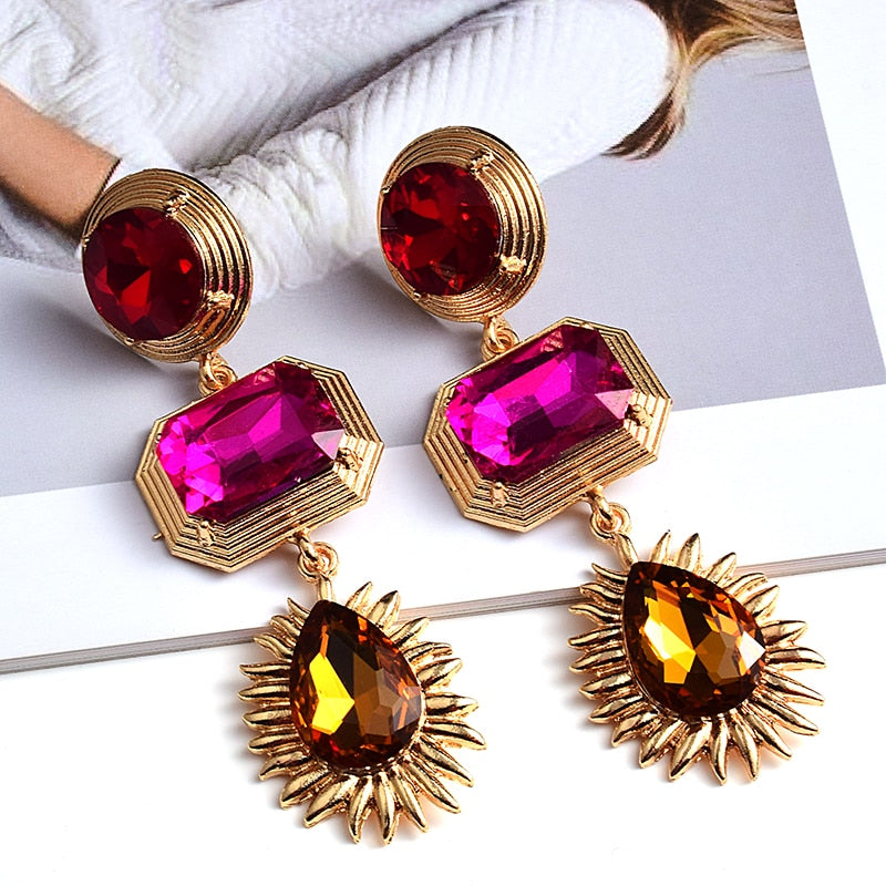 Statement New Gold Metal Colorful Crystal Long Drop Earrings