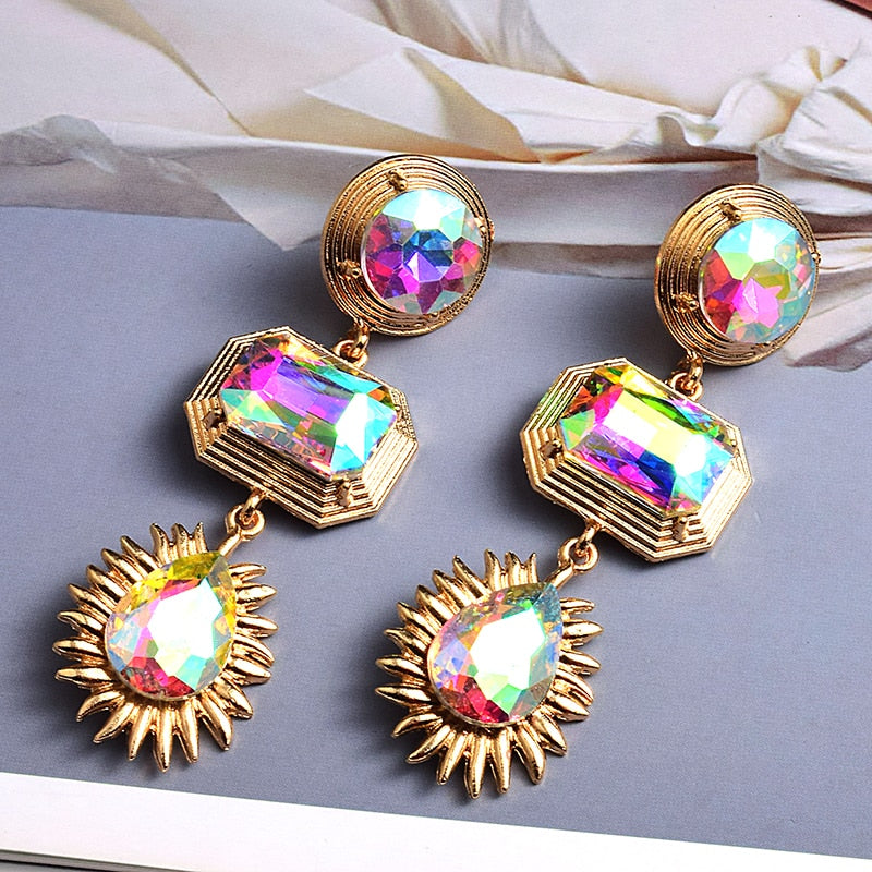 Statement New Gold Metal Colorful Crystal Long Drop Earrings