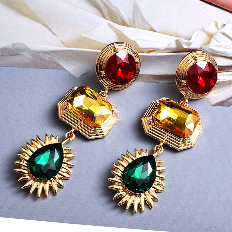 Statement New Gold Metal Colorful Crystal Long Drop Earrings