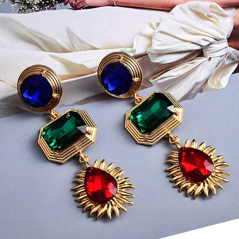 Statement New Gold Metal Colorful Crystal Long Drop Earrings