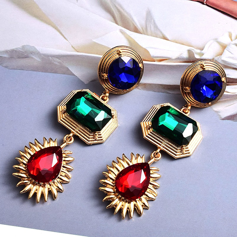 Statement New Gold Metal Colorful Crystal Long Drop Earrings