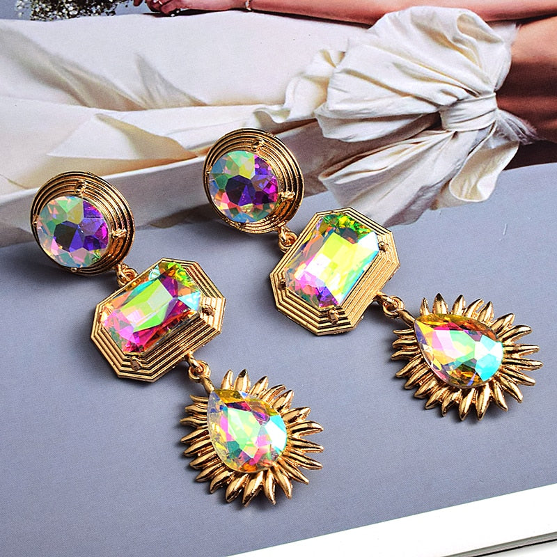 Statement New Gold Metal Colorful Crystal Long Drop Earrings