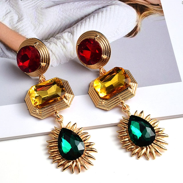 Statement New Gold Metal Colorful Crystal Long Drop Earrings