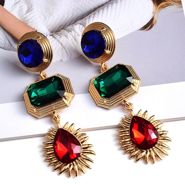 Statement New Gold Metal Colorful Crystal Long Drop Earrings