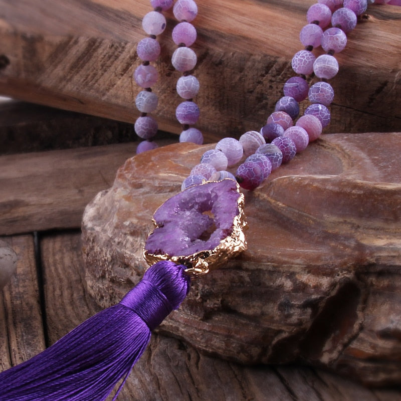Bohemian Semi Precious Stones Knotted  Tassel Necklaces