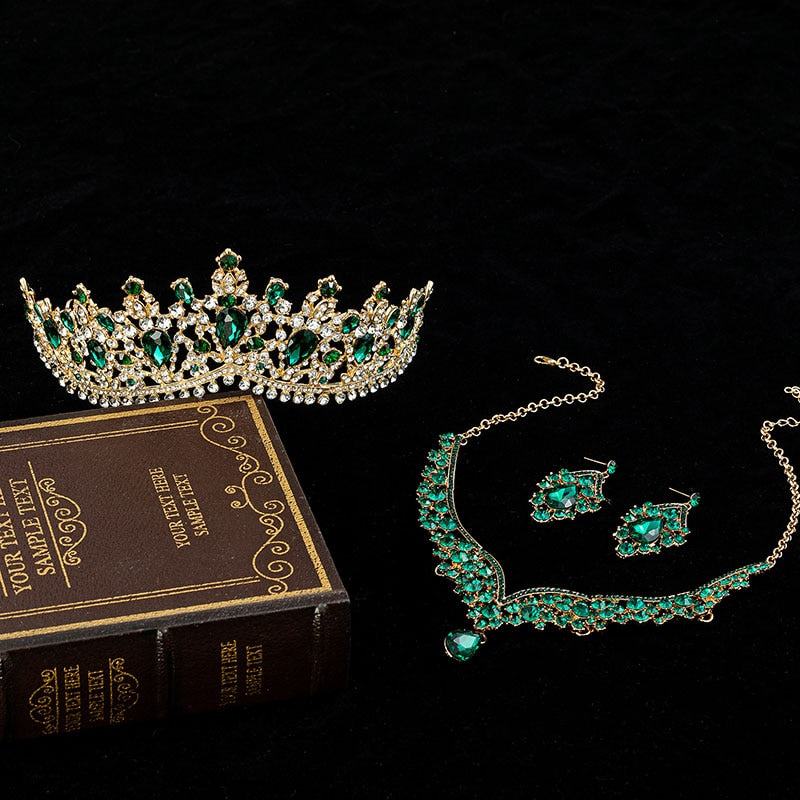 Rhinestone Tiaras Crown Necklace Earrings Jewelry Set