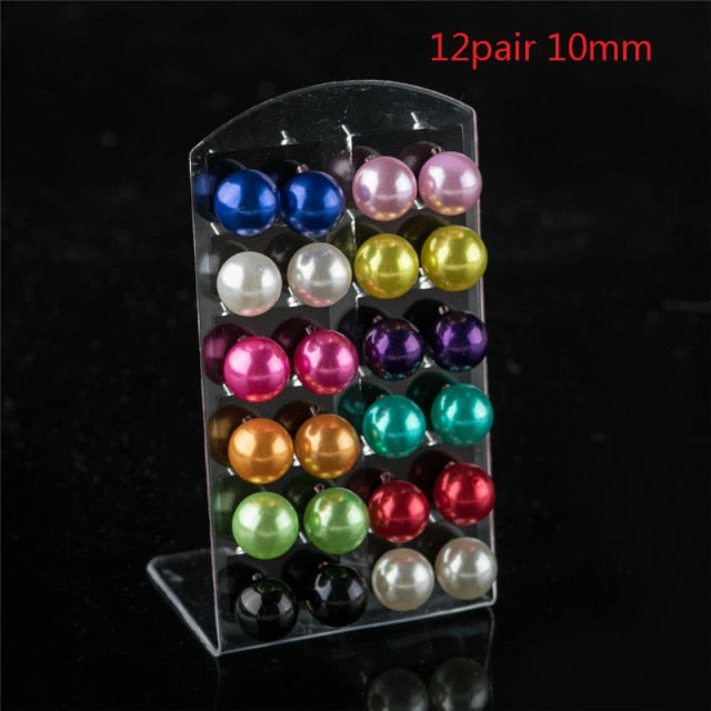 12Pairs Colorful White Imitation Pearl Stud Earrings For Women