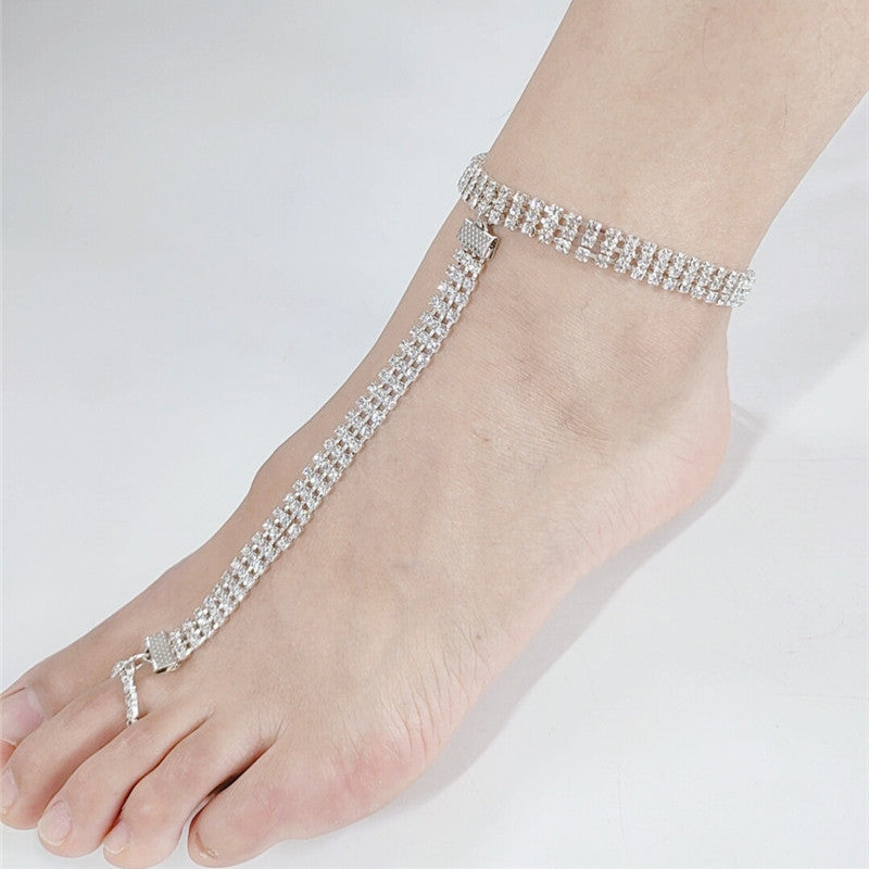 women three rows rhinestone foot bracelet anklets ankle chain set