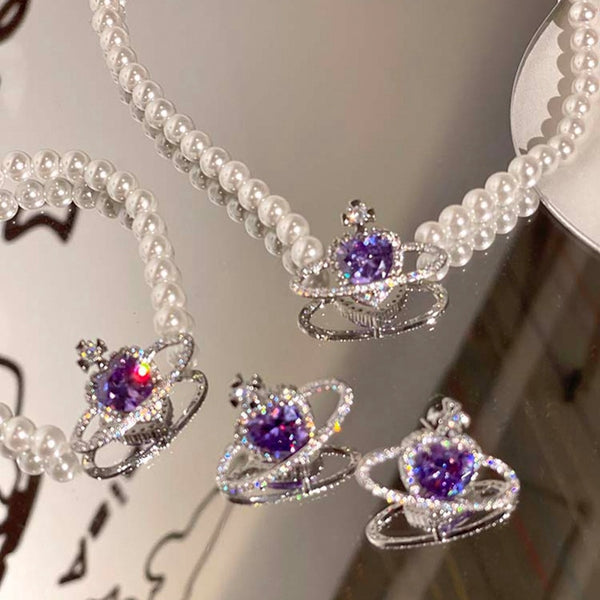 Korean Fashion Purple Heart Crystal Stud Earrings