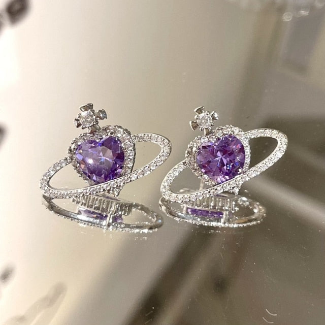 Korean Fashion Purple Heart Crystal Stud Earrings For Women